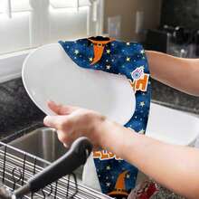 Set de 2 toallas de cocina de Halloween, 40cm*60cm - Toallas de cocina con temática de Halloween con estampados de cielo estrellado azul, gato negro y calabaza, adecuadas para la decoración del hogar en días festivos, toallas de platos de poliéster, excelentes para el hogar, el baño y la decoración de fiestas