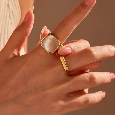 2 件不锈钢方形镶嵌真贝壳和光滑矩形，时尚简约风格，适合女性日常佩戴或送礼