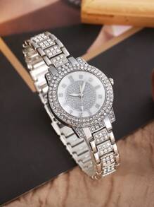 Set de 6 bucăți pentru femei, ceas analogic cu cuarț din oțel inoxidabil, brățară în 3 tonuri, cadou pentru mama