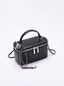 1 pièce Sac carré de mode en PU matelassé avec couture en diamant, motif jacquard gaufré de couleur unie. Sac à fermeture éclair polyvalent et élégant. Sac à main pour femme avec bandoulière en chaîne, matériel en cuivre réglable - Noir - Voir 5