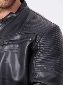 男士户外专业摩托车皮夹克，插肩袖机车夹克，PU 皮夹克，立领运动夹克，拉链口袋，黑色，适合秋冬，羊毛 - 黑色 - 查看 10
