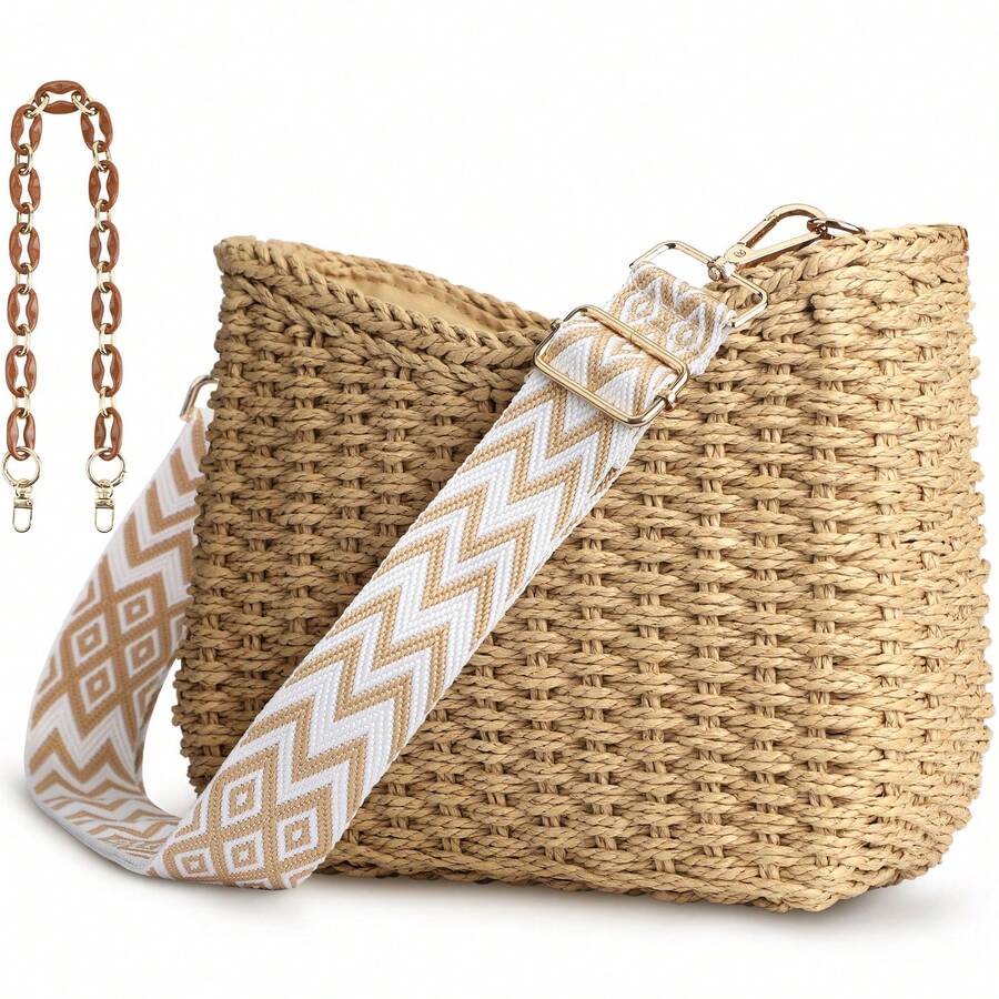 Hand Straw -Woven Small Purse Beach Tote Bag Crossbody Shoulder Handbags Boho Bag Summer Beach Bag For Women - Màu Khaki - Xem 1
