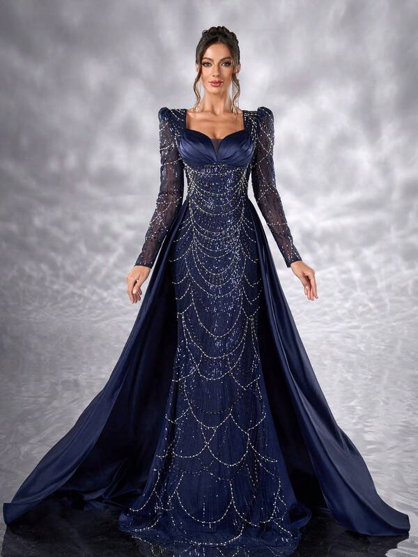 YISIKADO Women Luxury Beaded Formal Evening Dress Night Dress Ball Gown Sweatheart Neckline Mesh Contrast Satin Glitter Dress Wedding Guest Birthday Prom Party Banquet Graduation Dinner Ceremony Ceremonial Dress