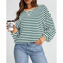 Womens Oversized Striped Sweatshirt Crewneck Long Sleeve Pullover Top Casual Y2K Spring Clothes 2026 Workout Shirt,Vacation Outfits Women,Valentine Outfits For Women,Street Photography - Green White - 查看 5