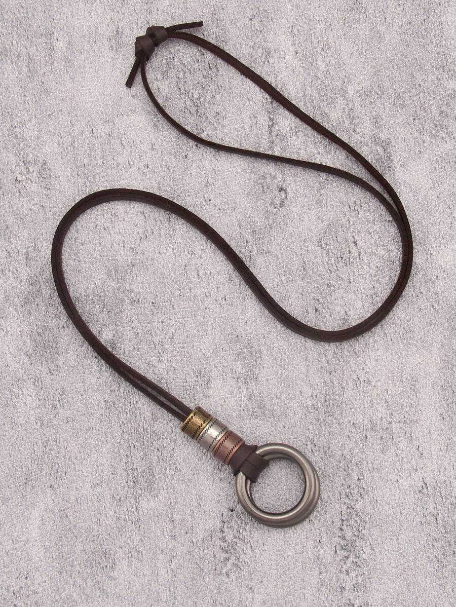 1pc Adjustable Triple-Color Zinc Alloy Double Circle Pendant Simple Necklace, Men's Brown Leather Cord Necklace, Fashion Long Chain