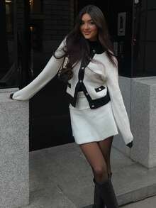 SEREN Herbst und Winter Neu 1 Stück Rundhals Schwarz-Weiß Kontrast Gestrickter Cardigan Damen Langarm Oberteil, französischer Stil elegante Temperament modische Lässig Alltag Ausgehen Pendler Strickjacke Herbst Damenmode