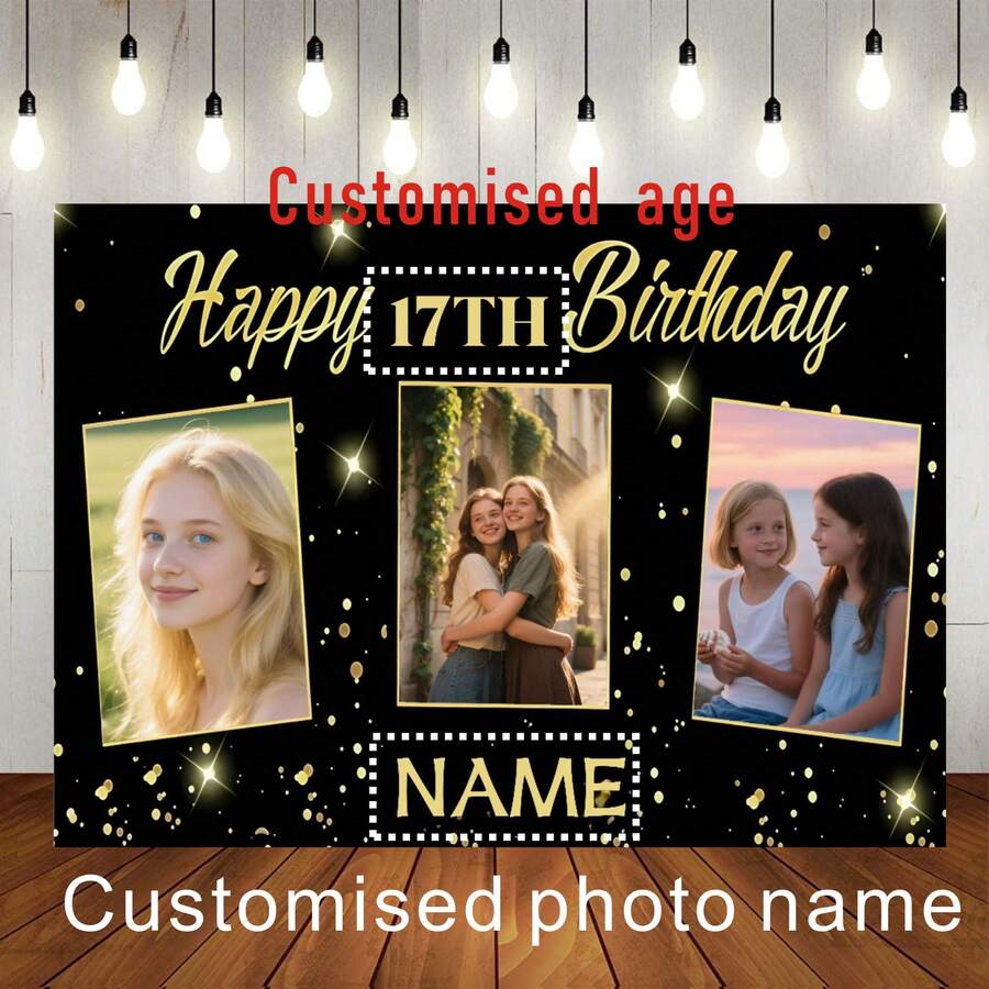 1pc Customizable Photo, Name, Year Black & Gold Glitter Happy Birthday Backdrop Banner, Personalized Gold Glitter Birthday Party Name Decor, Suitable For Cake Table Background, Photography Vinyl Banner ,Travel Organizer - Black Gold - View 1