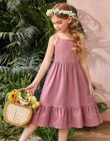 Girl's Summer Sundress Spaghetti Strap Solid Linen Midi Dress Casual Cami Dresses