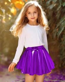 Girls Metallic Skater Skirt Sparkly Shiny Flared Pleated A-Line Mini Skort - Màu tím - Xem 5