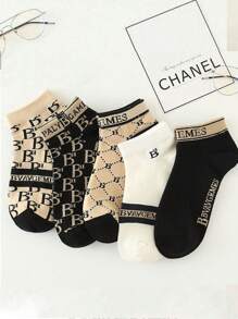 5/10 Pairs Ladies Short Socks With Letter & Stripe Pattern, Lightweight Luxury French Vintage Fashionable Versatile, Spring/Summer - Multicolor - View 11