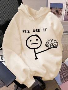 1件女童長袖連帽衛衣，印有「PLZ USE IT」字樣，舒適時尚，休閒穿搭理想之選 - 杏色 - 查看 2