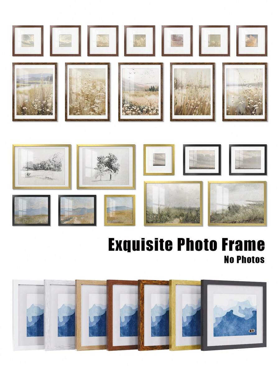 精美相框，尺寸可选：4x6、5x7、8x8、8x10、12x12、11x14、12x16 英寸，颜色可选：黑色/白色/木色/棕色/金色，方形和长方形人像相框，适合壁挂或桌面摆放。