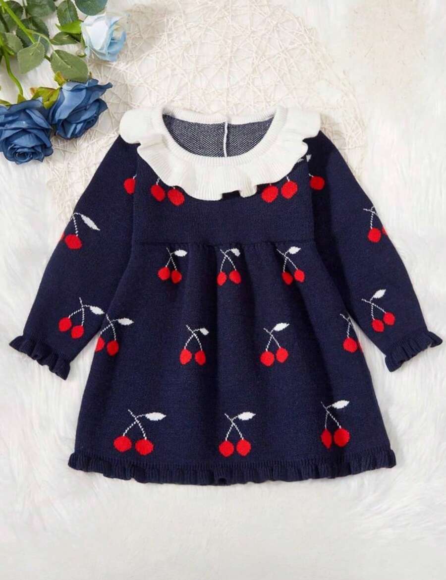 Nika Baby Cherry Knitted Baby Dress - Màu xanh hải quân - Xem 1