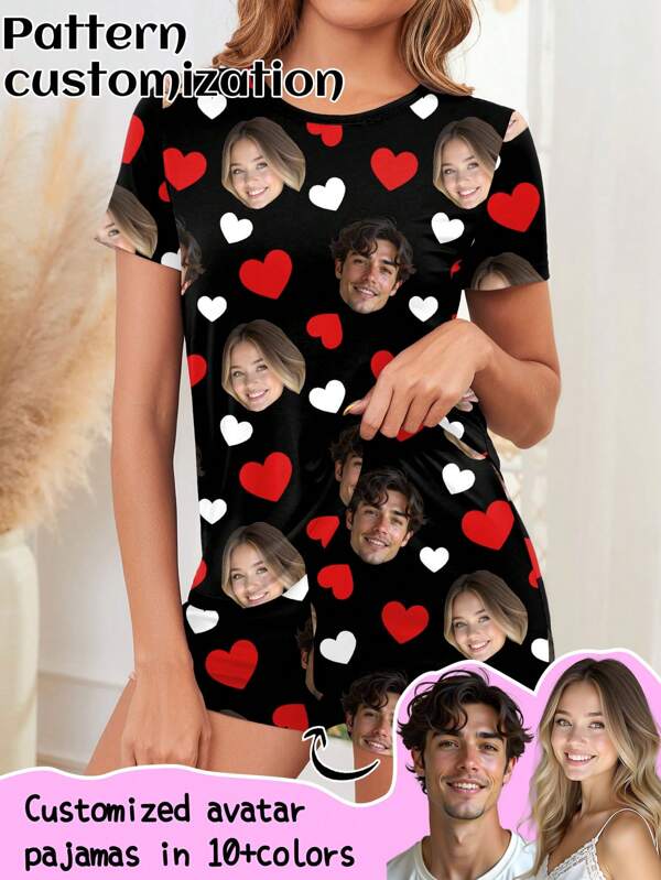 Conjunto de pijama personalizable para mujer con impresión de foto de cabeza grande innovadora y única, reemplazo de pareja o retrato, ambiente festivo, perro, colorido, lindo, adorable, contraído, divertido, personalizado, único, personalizado, regalos ideales para él, regalos ideales para ella, novio, novia, familia, amigos, ella, pijamas y ropa de descanso personalizados para mujer, romance delicado, ropa interior y pijamas, fácil comodidad, gala urbana