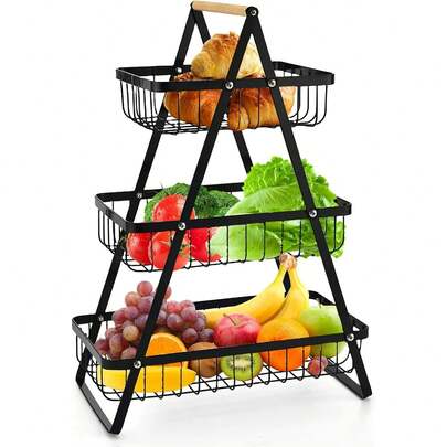 TAIMASI 2/3-Tier Metal Fruit Basket With Wooden Handles - Multi-Purpose Organizer For Kitchen & Bathroom | Stores Fruits, Vegetables, Bread & Pasta | Detachable Portable Design - Seasonal Pick For: • Labor Day Entertaining Prep • Thanksgiving Pantry Organization • Christmas Home Chef Gift • New Year's Decluttering Goals