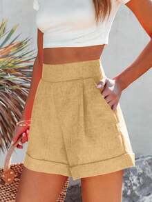 Women High Waisted Wide Leg Bermuda Shorts Summer Casual Lightweight Workwear With Pockets - Yellow - View 2