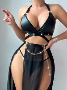 3 pièces Ensemble de lingerie sexy femme robe maxi fendue en maille avec sangle métallique en cuir verni noir, convient pour la maison, les fêtes privées ou les sorties en boîte de nuit - Noir - Voir 1