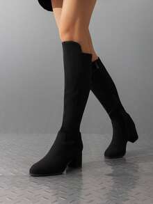 Women's Chunky Knee High Stretchy Fashion Boots Side Zipper Comfortable For Autumn/Winter Black