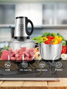 1 peça de fornecimento de plugue europeu, tigela multifuncional de aço inoxidável de 3,8 L, processador de alimentos com recipiente duplo de vidro e trava, sem necessidade de lâmina, moagem rápida para carne, recheio e alho