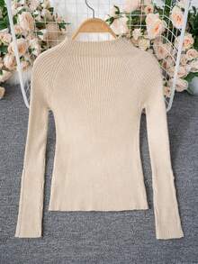 女式卡其色高领毛衣，针织套头衫，带金属纽扣装饰，温暖的分层毛衣，适合通勤和日常穿着，秋冬 - 卡其色 - 查看 8