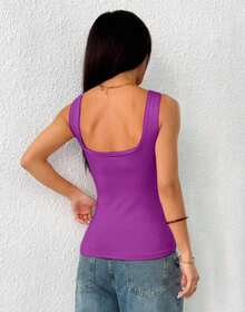 Women's Square Neckline Straight Suplex Tank Top - Violet Purple - View 3