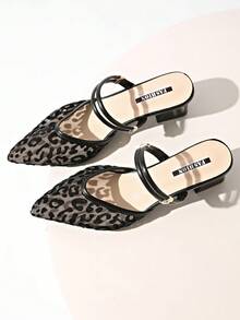 女士高端蕾丝黑色 4.5 厘米尖头镂空透气高跟鞋，水钻系带可变式正式派对性感粗跟网眼鞋 - 黑色 - 查看 4