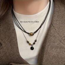 2pcs Vintage Tiger Eye Stone Necklace, Layered Leather Cord Design, Elegant For Daily Wear, Chic For Party, Delicate Focal Point On Collarbone