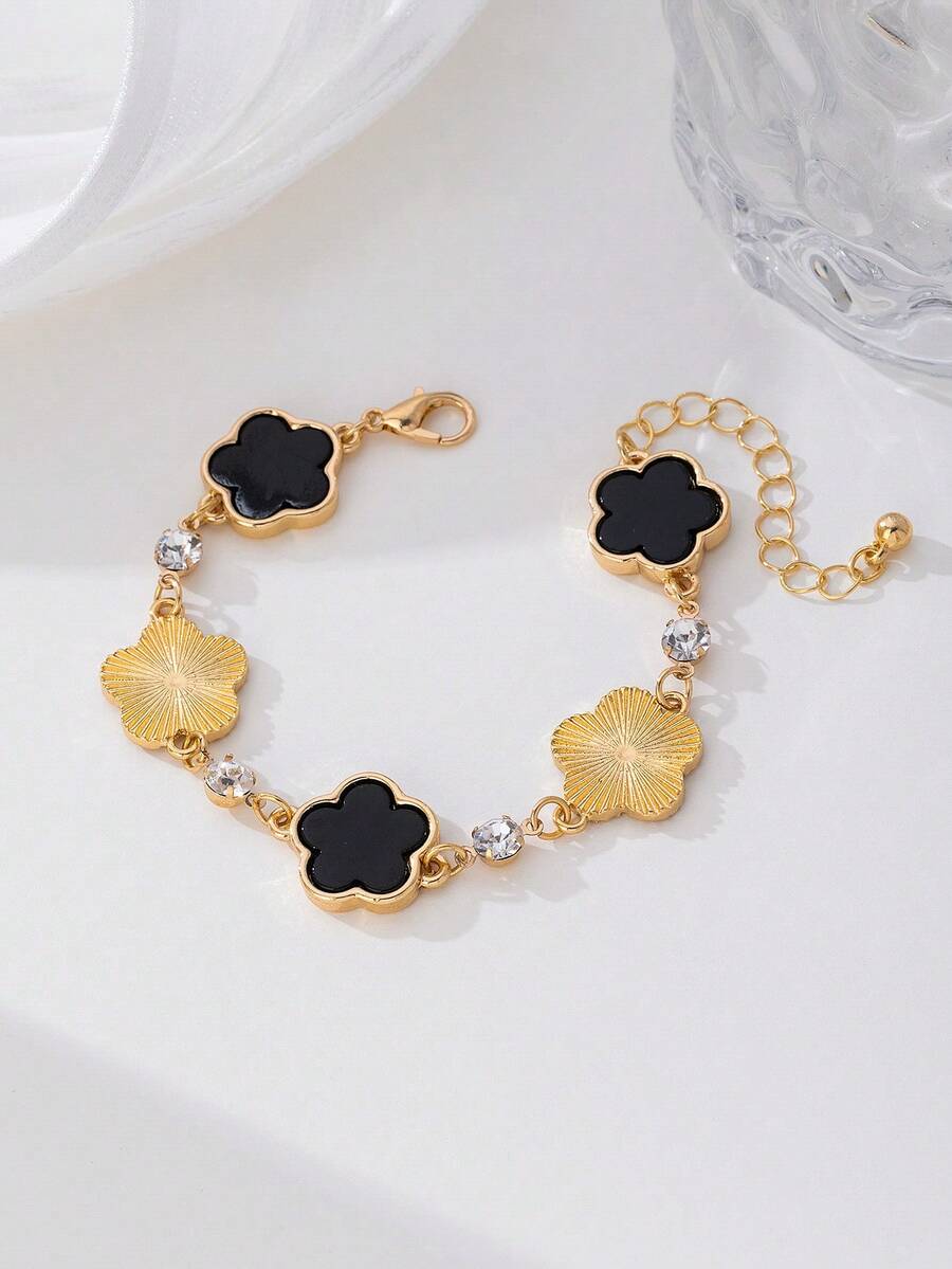 1pc Luxurious Rhinestone Embellished Gold Textured Black Clover Charm Women Bracelet - Black - View 1