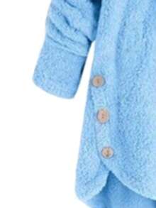 时尚女士纯色双面毛绒猫耳装饰休闲连帽衫 - 藍色 - 查看 3