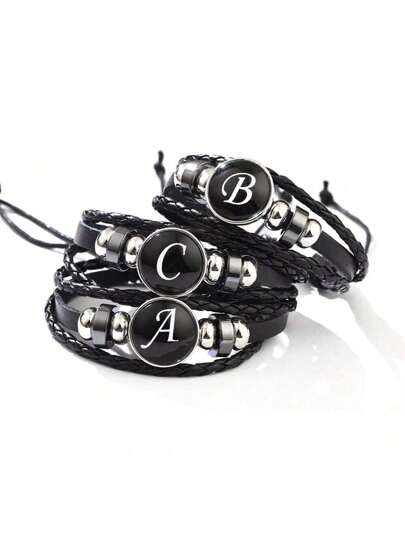 suteyi Personalized Alphabet PU Leather Bracelet, Handmade & Stylish, Glass Beads, Plated White K, Comfortable & Gift For Ages 15+