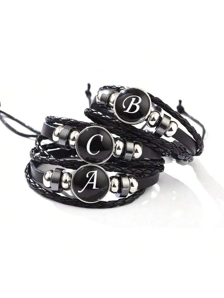 suteyi Bracelet en cuir PU personnalisé avec lettre, fait main, mode et élégant, perles de verre, lettre plaquée blanc, confortable à porter, convient aux personnes de 15 ans et plus - Noir - Voir 1