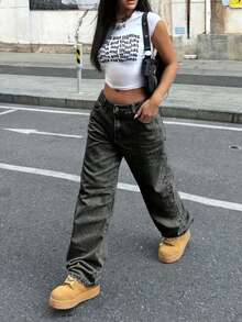 Girl's Casual High Waist Straight Leg Versatile Jeans, Suitable For Outings - Black - View 4