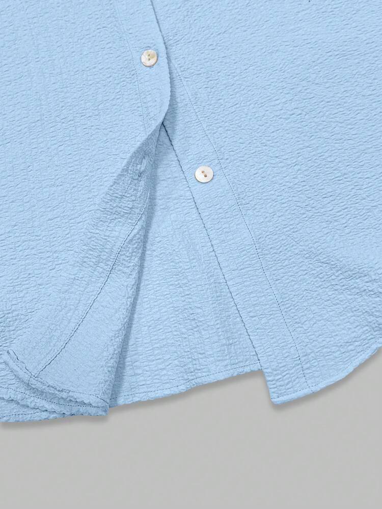 Women Oversized Mid-Length Solid Color Long Sleeve Shirt, Can Be Worn As Dress, Cardigan Or Blouse For Valentine's Day - Light Blue - View 6