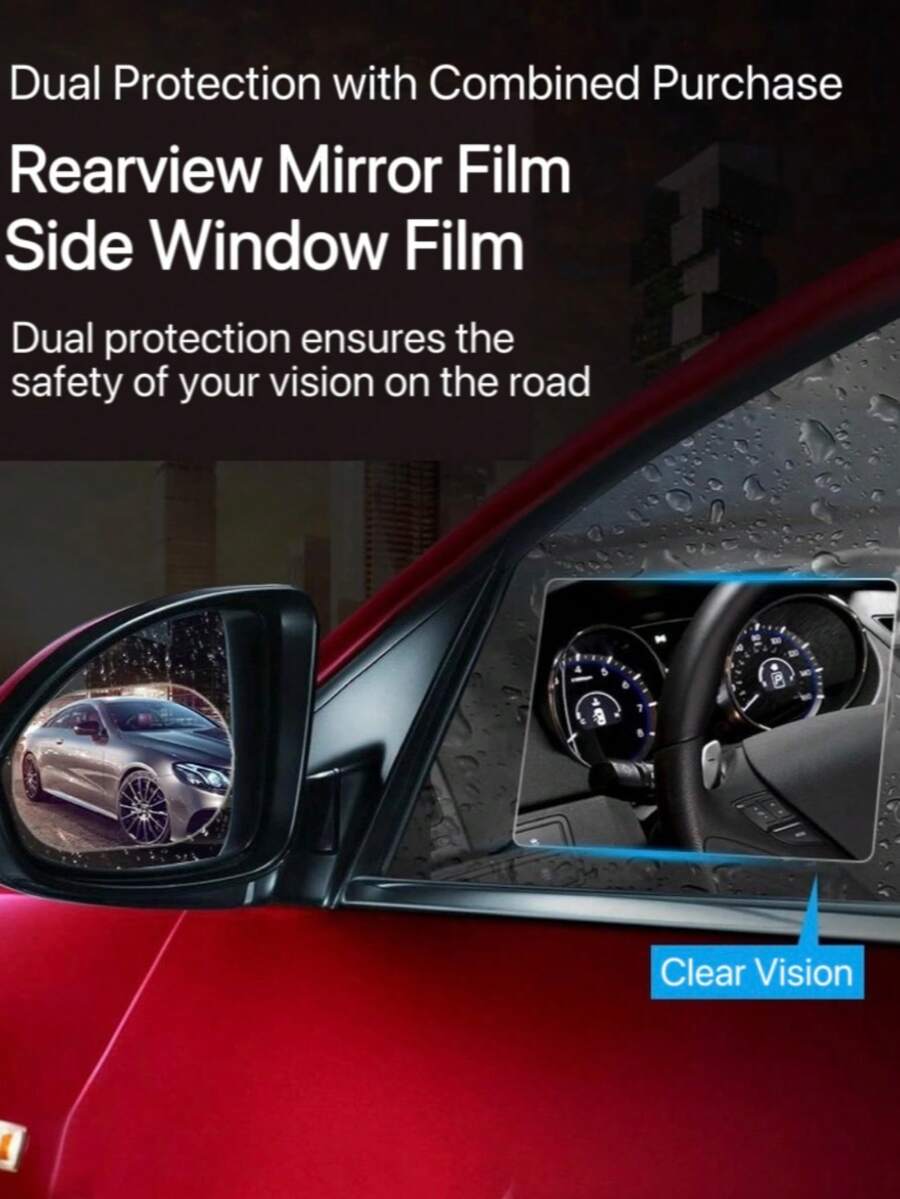 一对汽车防水膜 - 透明、清晰、耐用、防刮、不留痕迹、后视镜和侧窗防雨膜、纳米防水防雾、汽车贴纸配件