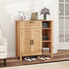GOFLAME Buffet Sideboard, Boho Storage Cabinet With Rattan Woven Doors, Accent Cabinet With Drawer, Adjustable Shelf & Open Cubbies For Kitchen, Dining Room, Living Room, Hallway, Natural - Khaki - View 9