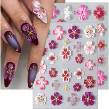 5D Embossed Hibiscus Nail Art Stickers With Gold Beads Self Adhesive Clear Floral Designs Autumn Flower Decals For Women Girls Manicure Art