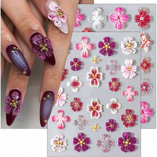 5D Embossed Hibiscus Nail Art Stickers With Gold Beads Self Adhesive Clear Floral Designs Autumn Flower Decals For Women Girls Manicure Art