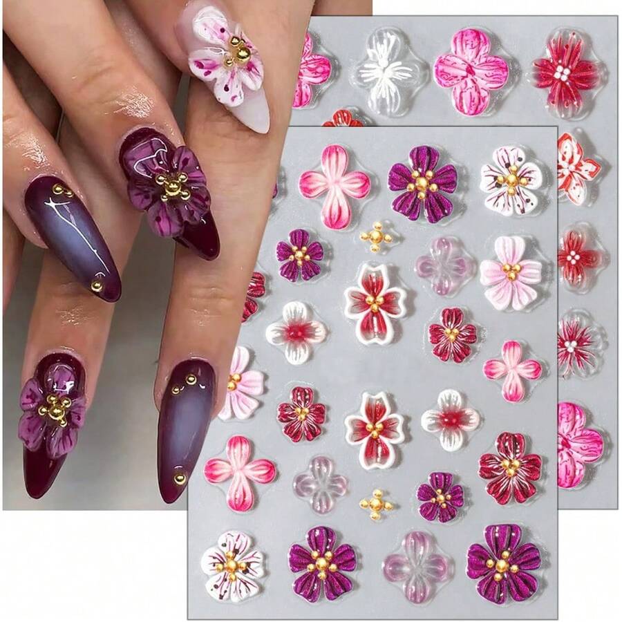 5D Embossed Hibiscus Nail Art Stickers With Gold Beads Self Adhesive Clear Floral Designs Autumn Flower Decals For Women Girls Manicure Art