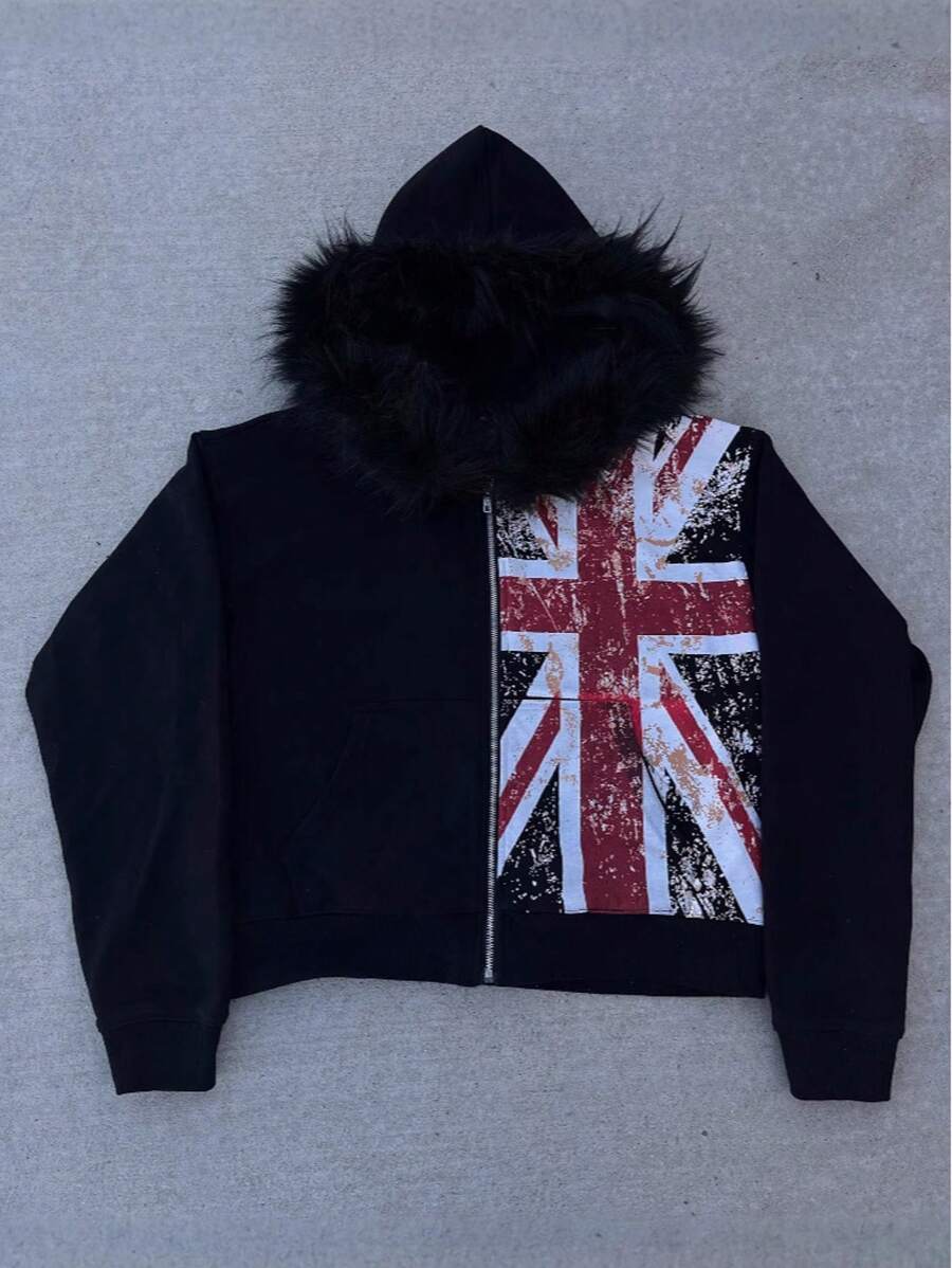 Spring And Autumn Fur Collar Top Cardigan Hooded Sweatshirt Print, Unisex Retro Loose Casual Sweatshirt Jacket - 黑色 - 查看 1