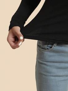 1 peça, blusa de manga comprida com forro térmico, gola falsa, cor sólida, casual, slim fit, versátil, adequada para agasalhos, esportes, ioga - Preto - Ver 7