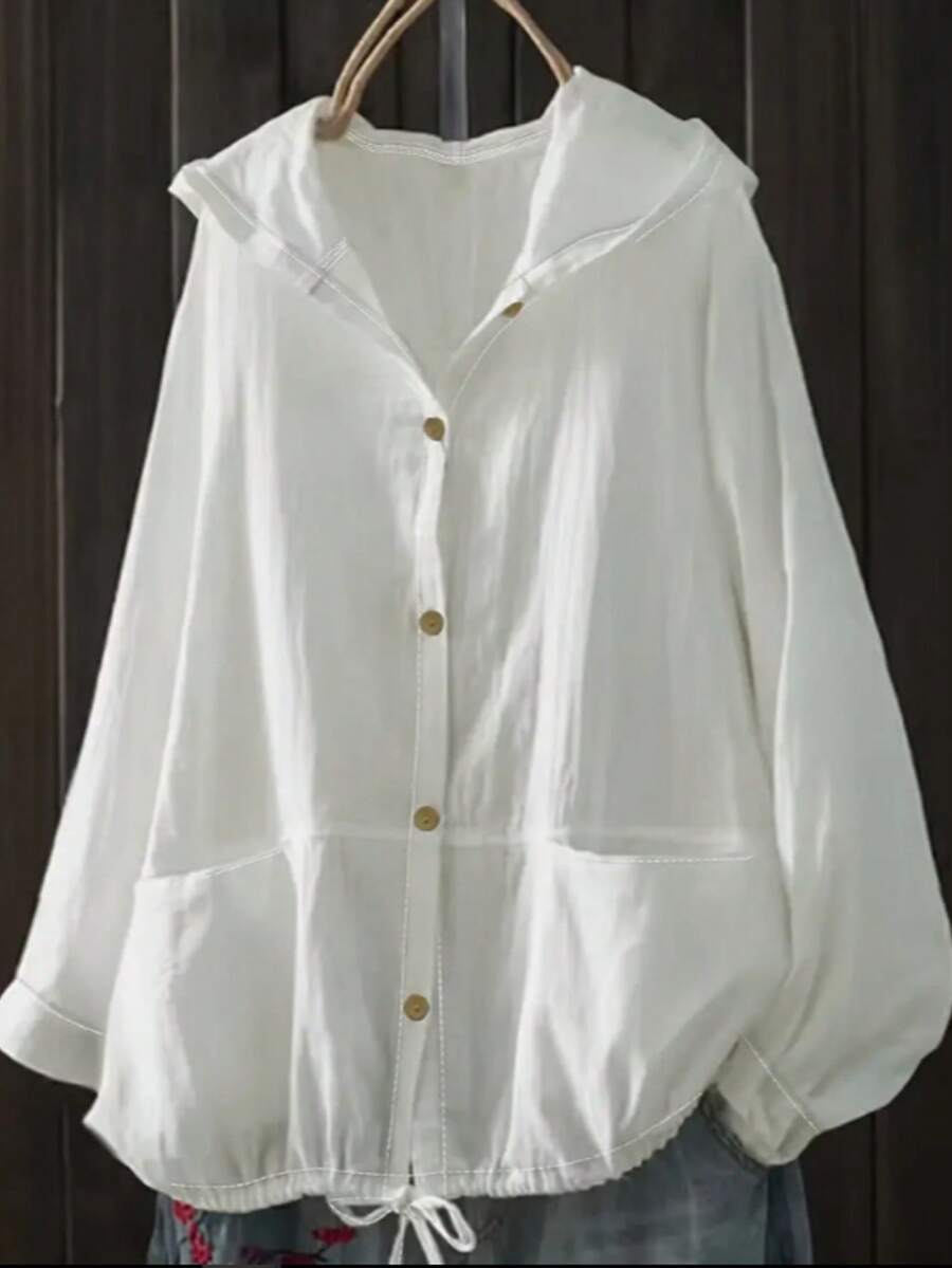 Plus Size Women Loose Hooded Button Up Top With Adjustable Drawstring Hem, Lightweight Casual Vacation, Layered Design, Solid Color Fashion Blouse