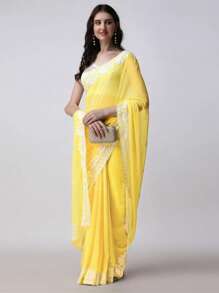 Women's Georgette Embroidery Border Work Designer Saree With Blouse Piece(Yellow) - Yellow - View 5