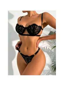 Conjunto Gringa Sutiã Meia Taça Com Aro Sem Bojo Calcinha Fio Lingerie Sensual Luxo - Preto - Visão 3