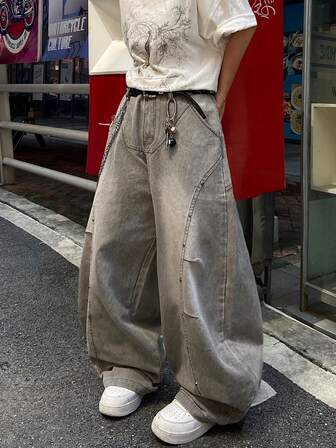 1 pieza Pantalones vaqueros de ajuste relajado y versátil con parches y cuentas de estilo japonés (El producto no incluye cinturón ni accesorios)