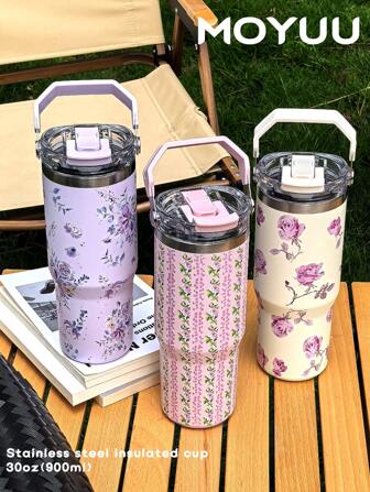 1 件 30 盎司花卉图案双层不锈钢隔热杯、平底杯、咖啡杯、汽车杯、水瓶、户外水杯、茶杯、真空瓶，采用直饮盖和吸管盖设计，适用于户外、办公室、家庭、学校、汽车、健身房、旅行、生日礼物、节日礼物、母亲节礼物、父亲节礼物、返校礼物、情人节礼物