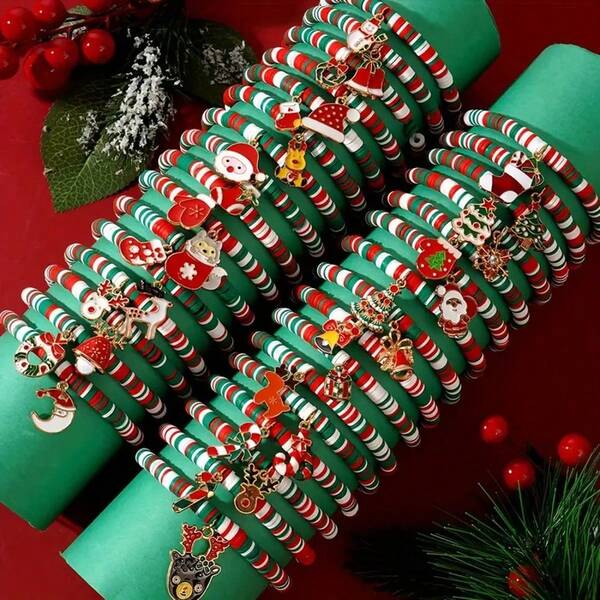 32pcs/Set Christmas Elastic Bracelet Set, Designed For Women, Featuring Polymer Clay Beads And Holiday Decorations, Party Style, No Plating Or Mosaic, Multifunctional Seasonal Jewelry Suitable For Various Occasions