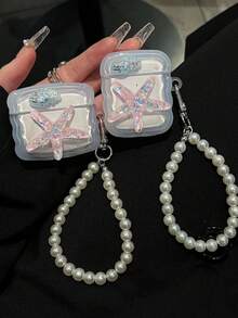 1pc Bluetooth Earphone Case, 3D Pink Starfish & Blue Seashell Design + Pearl Pendant, Square Protective Cover Suitable For AirPods Pro/Pro2/1/2/3/4 - Multicolor - View 2