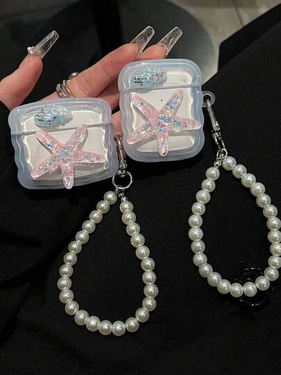 1pc Bluetooth Earphone Case, 3D Pink Starfish & Blue Seashell Design + Pearl Pendant, Square Protective Cover Suitable For AirPods Pro/Pro2/1/2/3/4