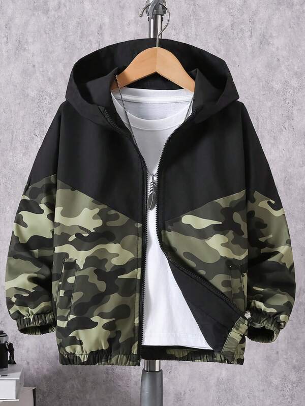 Tween/Teen Boys Casual Camouflage Patchwork Long Sleeve Hooded Jacket, Fashionable For Daily Wear In Autumn/Winter