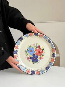 1pc Enamel Flower Pattern Plate, High-Quality Ins Style Breakfast/Dessert/Fruit Plate, Floral Design Enamel Dish For Home Use